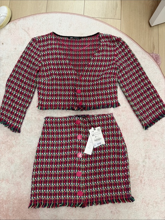 Zara Dresses & Skirts - Zara Pink and Black Tweed Button-Front Mini Skirt Set